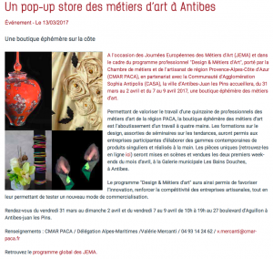 Pop up store métiers d'art, Antibes